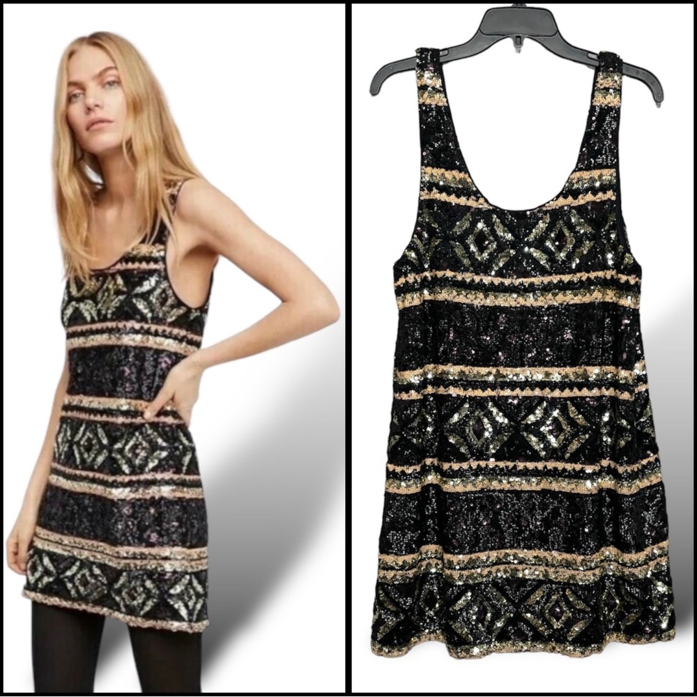🥂 Free People Fully Sequined Mini Dress Aztec /Geo Design M Black Gold Silver